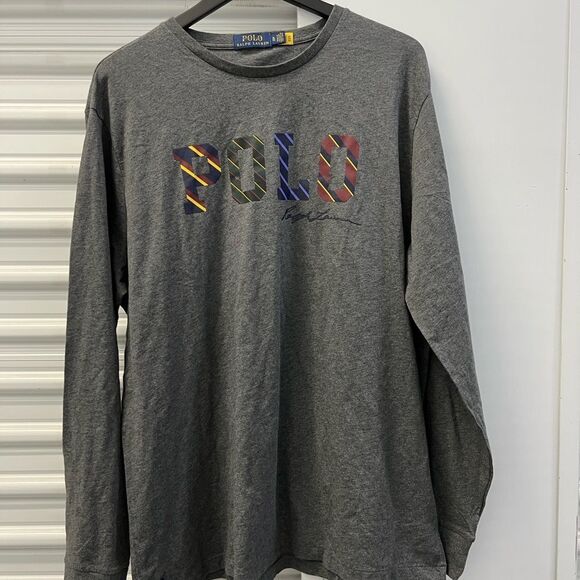 Ralph Lauren Gray Long Sleeve Tee with Multicolor Logo NEW - Picture 1 of 4